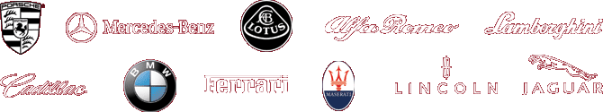 Porsche, Mercedes-Benz, Lotus, Alpha Romeo, Lamborghini, Cadillac, BMW, Ferrari, Maserati, Lincoln & Jaguar Porsche, Mercedes-Benz, Lotus, Alpha Romeo, Lamborghini, Cadillac, BMW, Ferrari, Maserati, Lincoln & Jaguar
